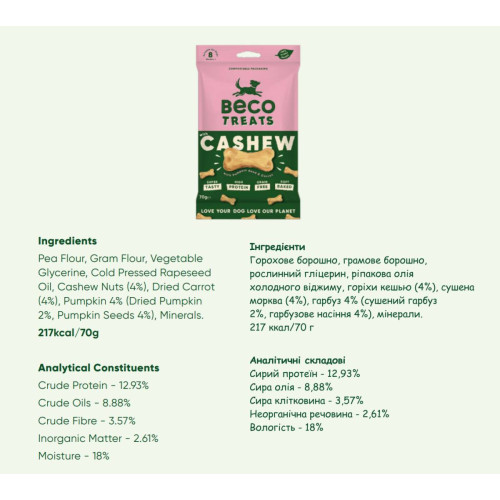 Печенье для собак Beco Pets Кешью с тыквенными семечками и морковью 70 г (растительный белок)