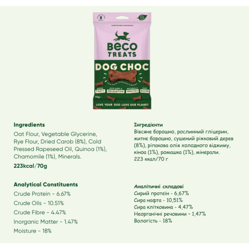 Печенье для собак Beco Pets Шоколад с керобом, ромашкой и киноа 70 г (растительный белок)