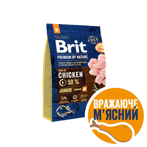 Корм сухий Brit Premium Dog Junior M для цуценят та молодих собак середніх порід від 1 до 12 місяців вагою 10-25 кг з куркою