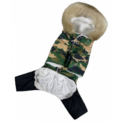 Зимовий комбінезон для собак на хутрі з капюшоном кольору Мілітарі AM-2