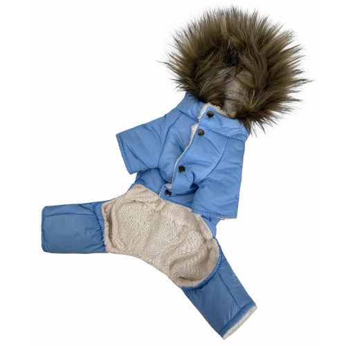 Голубой зимний комбинезон для собак на меху с капюшоном AM-28