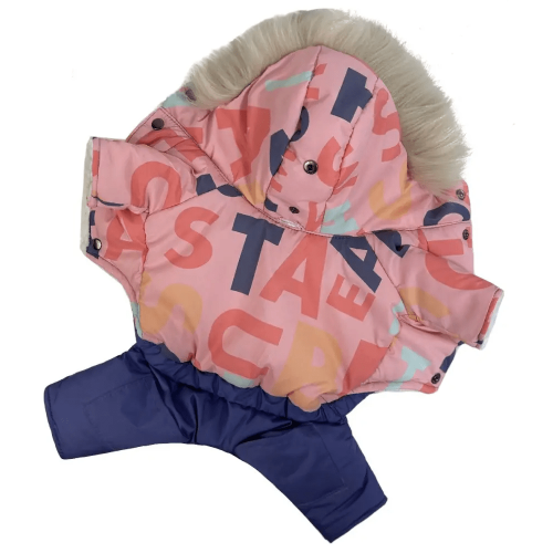 Зимний комбинезон для собак на меху с розовым принтом букв AM-31