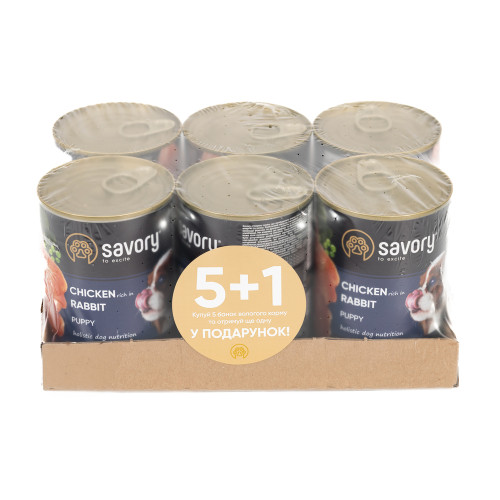 Набір 5+1 заводська упаковка Корм вологий Savory Dog All breeds Puppy Chicken rich in Rabbit паштет для цуценят усіх порід з кроликом 400 г