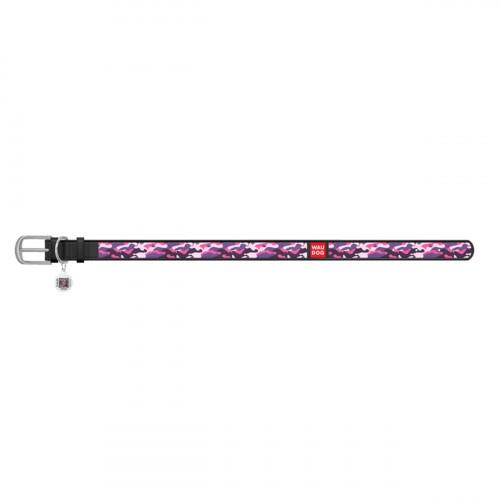 Ошейник WAUDOG Design с рисунком "Розовый камо", чёрная премиум кожа, металлическая пряжка