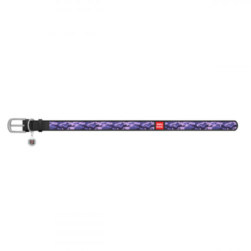 Ошейник WAUDOG Design с рисунком "Фиолетовый камо", чёрная премиум кожа, металлическая пряжка