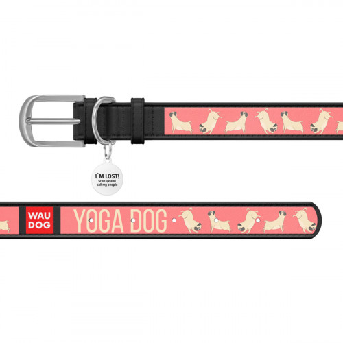 Ошейник WAUDOG Design с рисунком "Йога-пёс", чёрная премиум кожа, металлическая пряжка