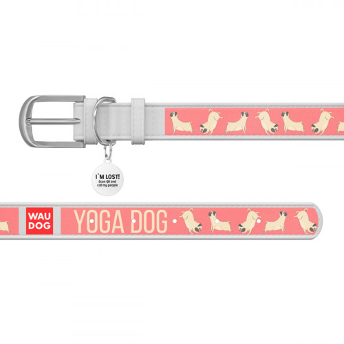 Ошейник WAUDOG Design с рисунком "Йога-пёс", белая премиум кожа, металлическая пряжка