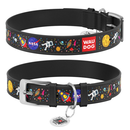 Нашийник для собак шкіряний WAUDOG Design з QR-паспортом, малюнок «NASA», чорна шкіра