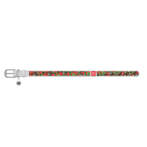 Ошейник WAUDOG Design с рисунком "Черепа и розы", белая премиум кожа, металлическая пряжка