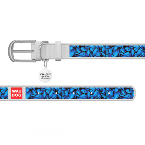 Нашийник WAUDOG Design з малюнком “Блакитні метелики”, біла преміум шкіра, металева пряжка