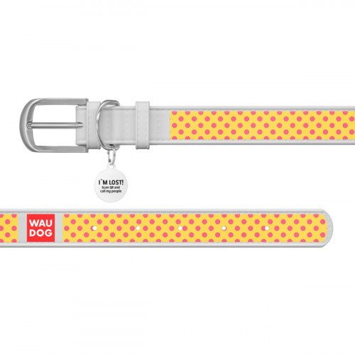 Ошейник WAUDOG Design с рисунком "Желтая полька", белая премиум кожа, металлическая пряжка