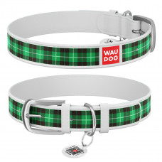 Нашийник WAUDOG Design з малюнком “Шотландка зелена”, біла преміум шкіра, металева пряжка