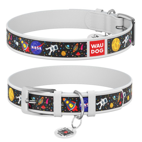 Нашийник для собак шкіряний WAUDOG Design з QR-паспортом, малюнок «NASA», біла шкіра