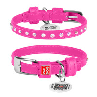 Ошейник для собак WAUDOG Glamour кожаный розовый со стразами и QR паспортом