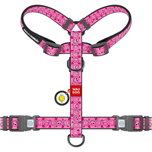 Шлея для собак анатомічна H-подібна WAUDOG Nylon "Смайли на рожевому" з QR-паспортом