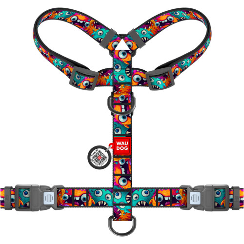 Шлея для собак анатомічна H-подібна WAUDOG Nylon "Зубасті монстри" з QR-паспортом