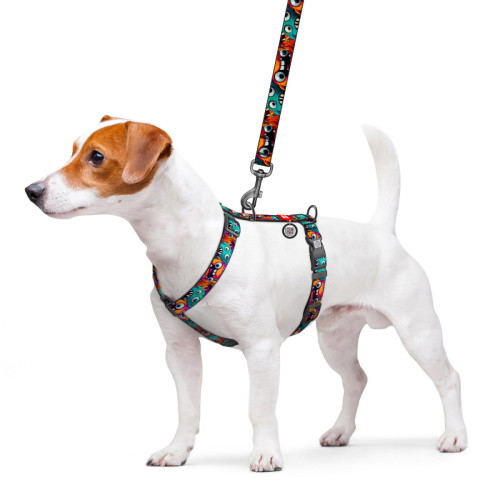 Шлея для собак анатомічна H-подібна WAUDOG Nylon "Зубасті монстри" з QR-паспортом