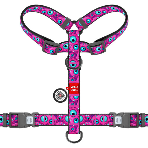 Шлея для собак анатомічна H-подібна WAUDOG Nylon "Око монстра" з QR-паспортом