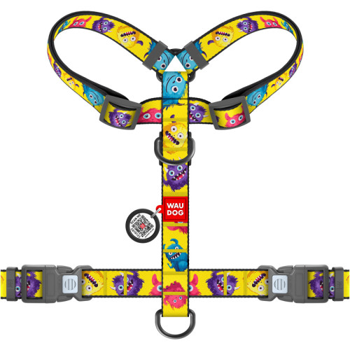 Шлея для собак анатомічна H-подібна WAUDOG Nylon "Мохнаті монстри" з QR-паспортом