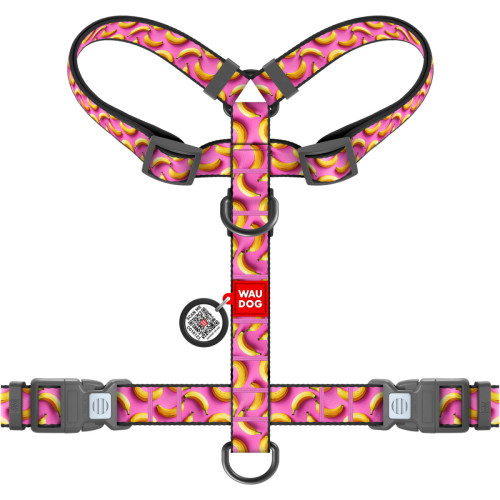 Шлея для собак анатомічна H-подібна WAUDOG Nylon "Авокадо на рожевому" з QR-паспортом