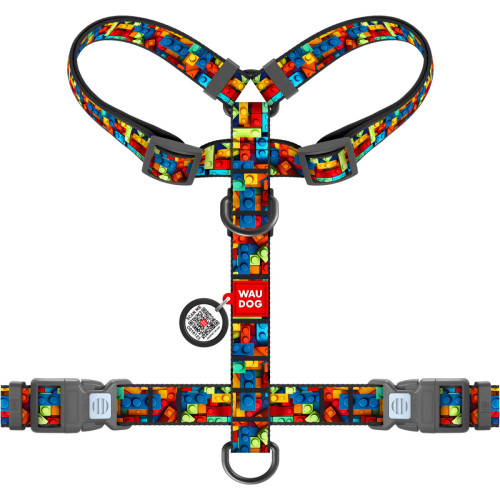 Шлея для собак анатомічна H-подібна WAUDOG Nylon "Блоки" з QR-паспортом