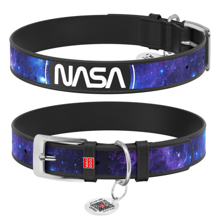 Нашийник для собак шкіряний WAUDOG Design з QR-паспортом, малюнок «NASA21», чорна шкіра