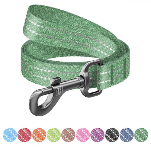 Поводок для собак из восстановленного хлопка WAUDOG Re-cotton светоотражающий, зелёного цвета (150-500 см)