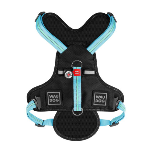 Шлея для собак безопасная WAUDOG Nylon с QR-паспортом, металлическая пряжка-фастекс, черная с голубым - фото 5