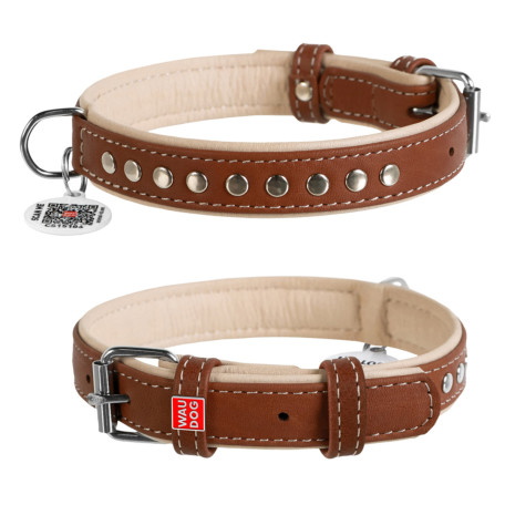 Ошейник для собак WAUDOG Soft кожаный с QR паспортом и металлическими украшениями, коричневый