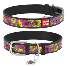 Ошейник WAUDOG Design с рисунком "Весна", чёрная премиум кожа, металлическая пряжка