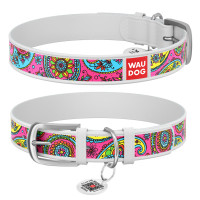 Нашийник WAUDOG Design з малюнком “Пейслі”, біла преміум шкіра, металева пряжка