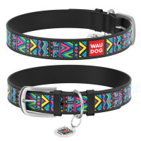 Ошейник WAUDOG Design с рисунком "Инди", чёрная премиум кожа, металлическая пряжка