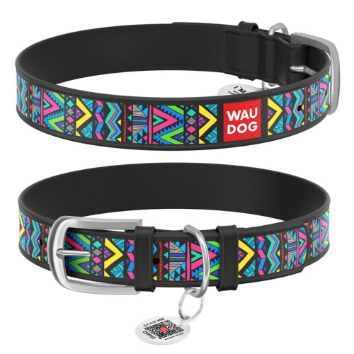 Ошейник WAUDOG Design с рисунком "Инди", чёрная премиум кожа, металлическая пряжка