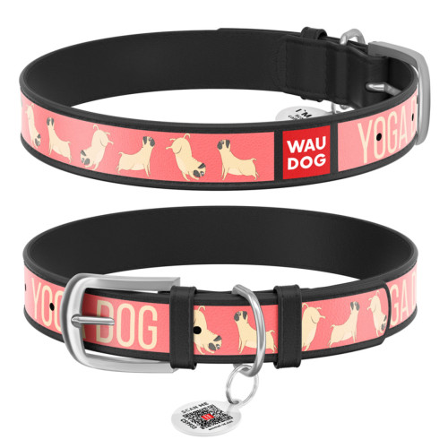 Ошейник WAUDOG Design с рисунком "Йога-пёс", чёрная премиум кожа, металлическая пряжка