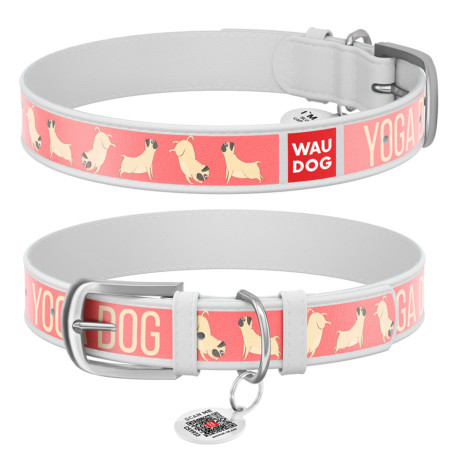 Нашийник WAUDOG Design з малюнком “Йога-пес”, біла преміум шкіра, металева пряжка