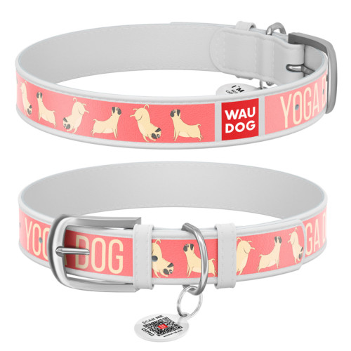 Ошейник WAUDOG Design с рисунком "Йога-пёс", белая премиум кожа, металлическая пряжка