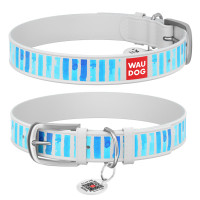 Нашийник WAUDOG Design з малюнком “Блакитні смужки”, біла преміум шкіра, металева пряжка