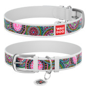 Ошейник WAUDOG Design с рисунком "Мандалы", белая премиум кожа, металлическая пряжка - фото 1