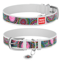 Нашийник WAUDOG Design з малюнком “Мандали”, біла преміум шкіра, металева пряжка
