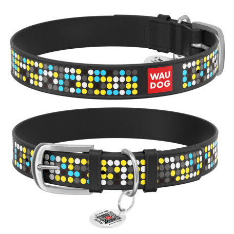 Нашийник WAUDOG Design з малюнком “Мозаїка”, чорна преміум шкіра, металева пряжка