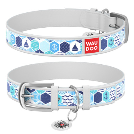 Нашийник WAUDOG Design з малюнком “Морський”, біла преміум шкіра, металева пряжка Нашийник WAUDOG Design з малюнком “Морський”, біла преміум шкіра, металева пряжка