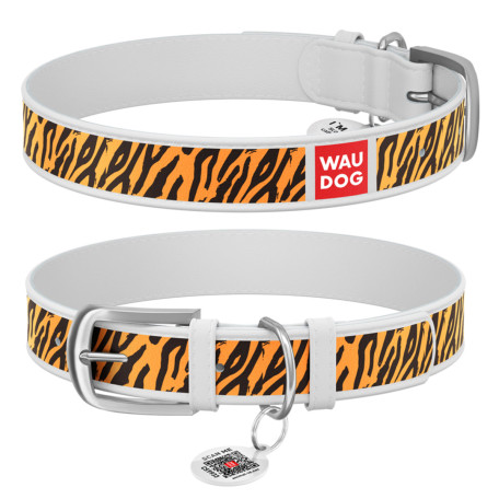 Нашийник WAUDOG Design з малюнком “Тигр”, біла преміум шкіра, металева пряжка Нашийник WAUDOG Design з малюнком “Тигр”, біла преміум шкіра, металева пряжка