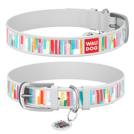 Нашийник WAUDOG Design з малюнком “Яскраві смуги”, біла преміум шкіра, металева пряжка Нашийник WAUDOG Design з малюнком “Яскраві смуги”, біла преміум шкіра, металева пряжка