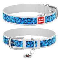 Ошейник WAUDOG Design с рисунком "Голубые бабочки", белая премиум кожа, металлическая пряжка