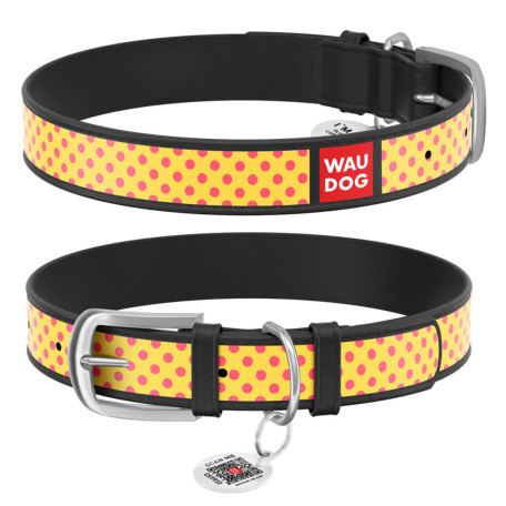 Нашийник WAUDOG Design з малюнком “Жовта полька”, чорна преміум шкіра, металева пряжка Нашийник WAUDOG Design з малюнком “Жовта полька”, чорна преміум шкіра, металева пряжка