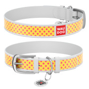Нашийник WAUDOG Design з малюнком “Жовта полька”, біла преміум шкіра, металева пряжка - фото 1