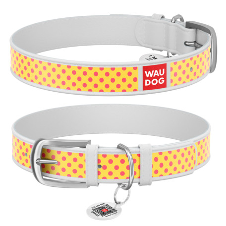 Нашийник WAUDOG Design з малюнком “Жовта полька”, біла преміум шкіра, металева пряжка Нашийник WAUDOG Design з малюнком “Жовта полька”, біла преміум шкіра, металева пряжка