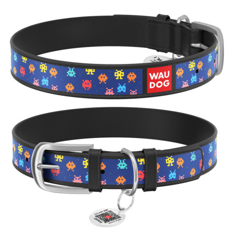 Нашийник WAUDOG Design з малюнком “Пікселі”, чорна преміум шкіра, металева пряжка Нашийник WAUDOG Design з малюнком “Пікселі”, чорна преміум шкіра, металева пряжка