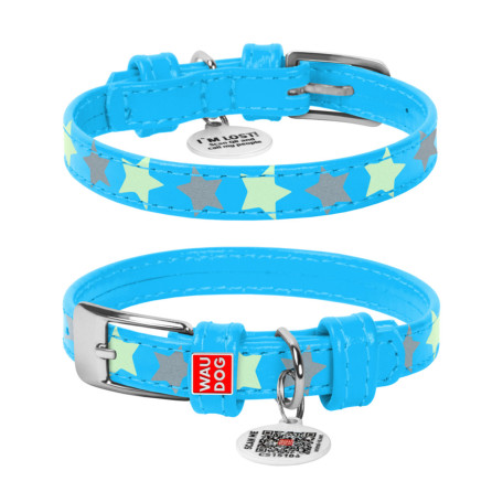 Ошейник для собак кожаный Collar WAUDOG Glamour светонакопительный голубого цвета с QR паспортом