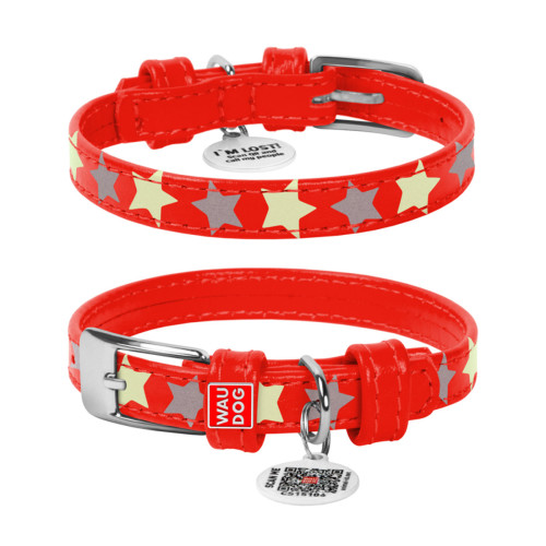 Нашийник для собак шкіряний Collar WAUDOG Glamour світонакоплювальний червоного кольору з QR паспортом